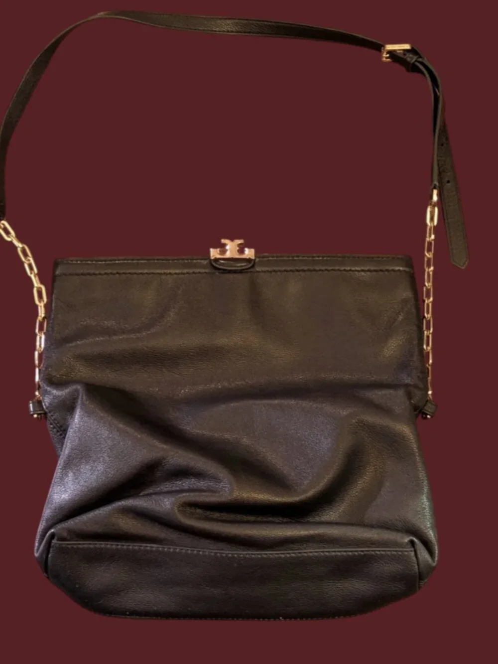 Tory Burch Sammy Dark Navy Gold Tone Hardware Pebbled Leather Magnetic Purse